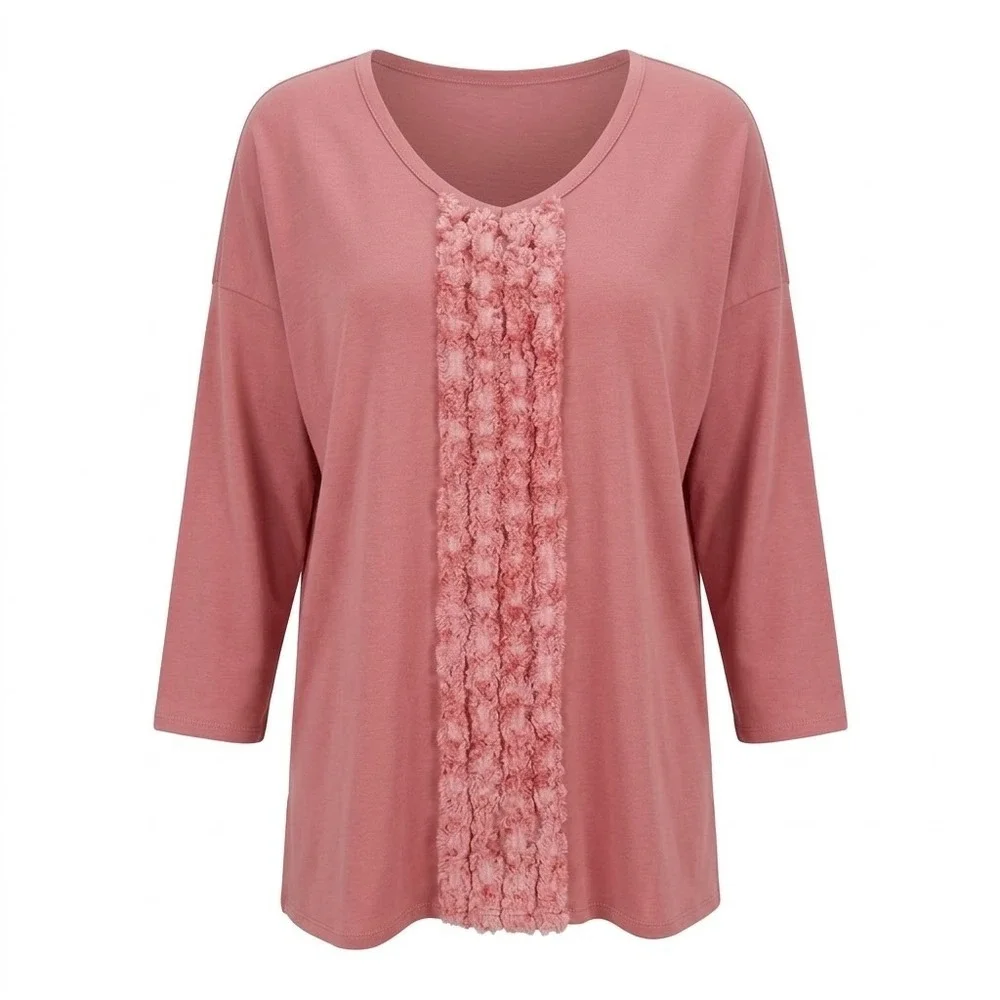 NYDJ Women's SMALL Pink Cotton Modal V-Neck‎ 3/4 Sleeve T-Shirt Ruffle Trim
